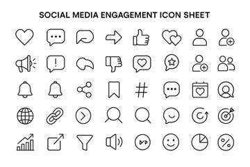 Poster - Social Media Engagement Icon Sheet: A comprehensive collection of simple, elegant icons representing various aspects of online interaction and engagement, perfect for social media, website.