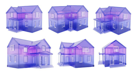 Six transparent house models in purple hue showcasing structure and design details against a white background for architectural or construction visualizations