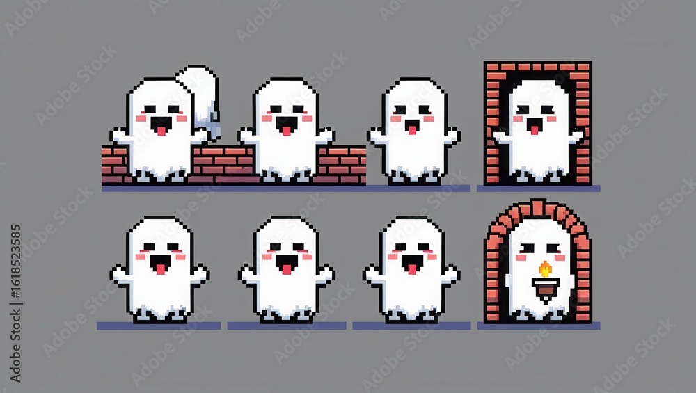 Cute pixel art ghosts in various poses with brick backgrounds simple ...
