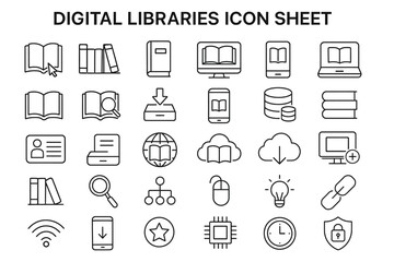 Poster - Digital Libraries Icon Sheet: Collection of minimalist line art icons depicting various aspects of digital libraries. Each icon showcases essential digital tools and elements.