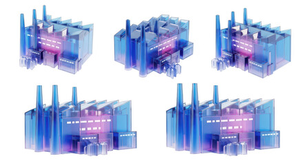 3D render of a series of abstracted glass factories showcasing industrial architecture and technology with an isolated white background used for concepts