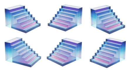 Six translucent staircases in different perspectives isolated on white background suggesting concepts like progress and journey for design assets