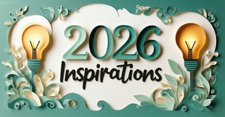 Poster - Papercraft design features year 2026, word inspirations, lightbulbs, foliage. Teal color scheme dominates composition.