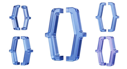 3D renderings of translucent blue curly braces floating against a white background used for coding programming or design