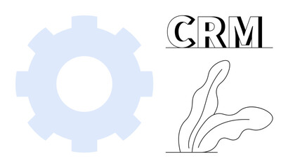 Poster - Gearwheel icon, CRM bold text, and plant sketch convey productivity, growth, technology, and systems. Ideal for business, technology, marketing customer management innovation workflow strategies