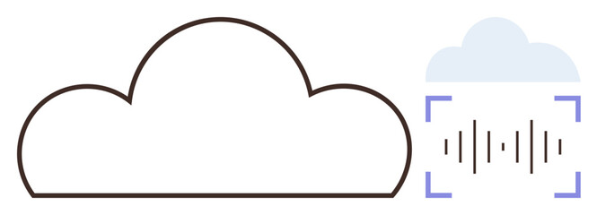 Poster - Large cloud outline paired with smaller shaded cloud containing soundwave inside focus brackets. Ideal for data storage, audio processing, analysis, technology, innovation, cloud computing metaphor