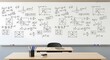 © skayy - A whiteboard covered in complex mathematical equations and diagrams, in an empty classroom setting.