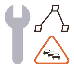 Poster - Wrench, process flow diagram, and traffic warning sign symbolizing maintenance, efficiency, problem-solving, troubleshooting, automotive engineering, process improvement, and team collaboration in