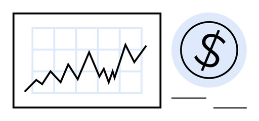 Poster - Rising trend line on a financial chart alongside a dollar sign. Ideal for finance, data analysis, investment, business growth, savings, profit tracking, economic forecasting. Simple flat metaphor