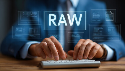 Man types RAW data into keyboard with holographic displays for web, coding, design, marketing, illustrating futuristic business, technology, finance.