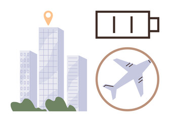 Poster - Skyscraper buildings with location pin, low battery icon, airplane in circle, and lush greenery. Ideal for travel, urban planning, sustainability, energy, mobility navigation digital concepts