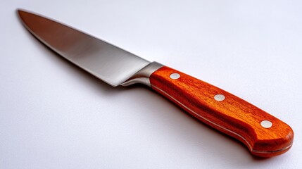 Sharp chef's knife with a reddish-brown wooden handle lies diagonally on a plain white surface