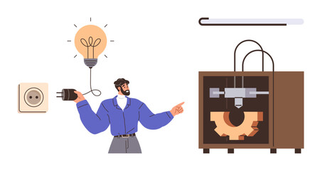 Poster - Person connecting plug to power lightbulb and gesturing at 3D printer producing gear. Ideal for innovation, creativity, technology, engineering, energy, manufacturing, invention. Simple flat metaphor