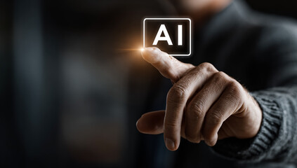 Man activates AI button. Concept for technology, future, marketing, design, editorial, and web use.