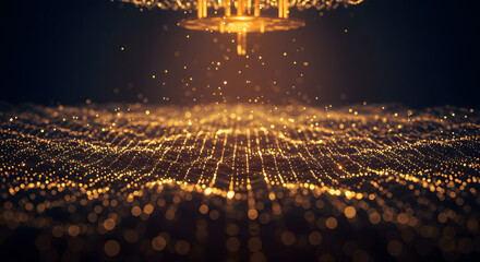 Futuristic digital network with glowing gold particles flowing across an abstract grid landscape.