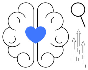 Poster - Brain outline with blue heart center, magnifying glass, rising arrows highlighting concepts of emotional intelligence, growth, analysis, learning, mindfulness, creativity, and personal improvement