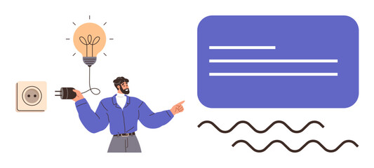 Poster - Man holding plug connecting to lightbulb, symbolizing ideas. Speech bubble and wavy lines for communication, creativity, and innovation. Ideal for brainstorming, teamwork, design, education