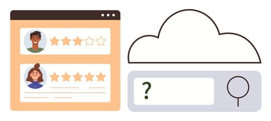 Poster - Browser window with user profiles and star ratings alongside a cloud and magnifying glass in search bar. Ideal for feedback, analytics, reviews, search, cloud data, services, UX. Simple flat metaphor