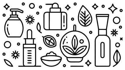 Poster - Outline illustration of assorted skincare products with leaves and stars on a white background created with generated ai