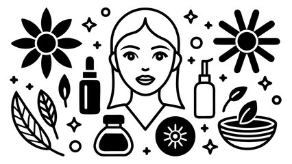Poster - Illustration of a woman's face surrounded by flowers leaves and skincare product bottles and bowl created with generated ai