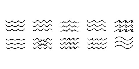Sea wave icon set. Set of thin line waves. Various wave water lake river. Water logo, line ocean symbol in vector flat style. Seamless abstract line pattern. Water outline symbol