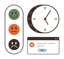 Poster - Set of emotions for feedback, clock, error popup inside browser window for usability, time, emotions. Ideal for user experience, productivity, satisfaction, survey interface workflow simple flat