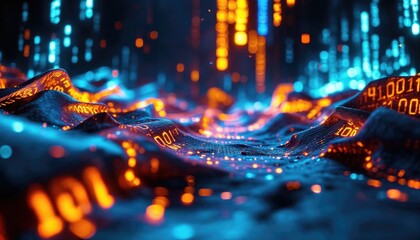 Poster - A vibrant, abstract representation of data flow, featuring glowing binary code on a wavy surface, symbolizing technology and digital information.