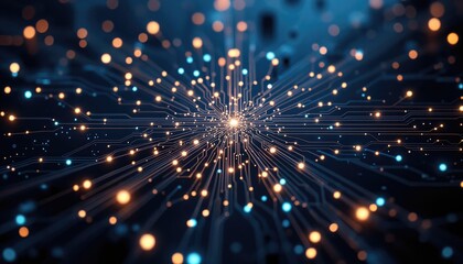 Aufkleber - A vibrant digital network of interconnected lines and glowing nodes radiating from a central point, showcasing a futuristic and technological theme.