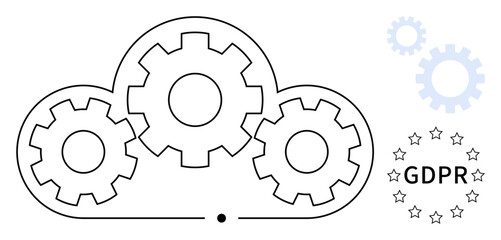 Poster - Cloud shape interconnected with gears signifying system automation and data processes, alongside GDPR text and stars. Ideal for data security, compliance, cloud tech, automation, IT, regulation