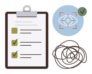 Poster - Clipboard with checkbox list of completed tasks, focus icon with eye and target, tangled line symbolizing confusion. Ideal for task management, productivity, organization, clarity, focus