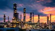 © Nail - Oil refinery at dusk with glowing lights, complex piping, and tall towers against a colorful sky. Concept:Energy production, industrial infrastructure, oil and gas industry, petrochemical processing,