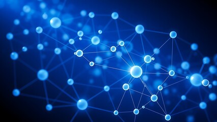 Abstract blue and white interconnected spheres with glowing nodes, symbolizing a digital network on a dark background.