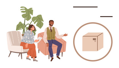 Poster - Two seated individuals engaging in conversation about shipping solutions, highlighted by a package graphic. Ideal for business, logistics, planning, teamwork, communication, services