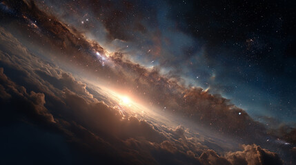Wall Mural - Celestial Symphony: A breathtaking cosmic vista unfolds, a stellar explosion casting its brilliant light across the dark canvas of space, with clouds swirling in dynamic ballet of dust and gas.