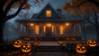 © Rainiverse - Spooky Halloween Home: An eerie, illuminated haunted house, shrouded in the mist of the late autumn evening, sits with carved pumpkins.