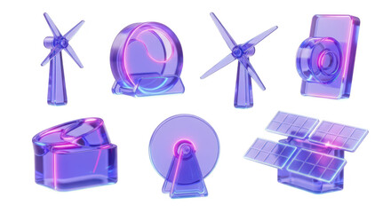 3D rendered abstract models of renewable energy sources displayed on white background for sustainable tech concepts