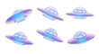 © SUUGOIisME - 3D-rendered flying saucers in various positions floating against a white background for design sci-fi and extraterrestrial themes