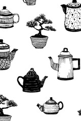 Poster - Minimalist tea pots and bonsai tree pattern for creative design and decoration