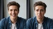 © Таня Андреева - A split image of a young man's face, one side beaming with a wide smile, the other showing a sad and worried expression. Represents contrasting emotions, mental state, and mood shifts.
