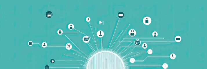 Poster - Abstract digital network connections with glowing nodes and icons representing online communication global data exchange and technology concept in futuristic style vector illustration