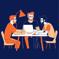 Poster - Three men collaborating at table with laptop and papers, creative teamwork meeting, discussion and brainstorming concept illustration in modern flat style