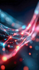 Poster - Vibrant digital strands forming a glowing data network, with orange and blue lights against a dark background in a sci-fi aesthetic