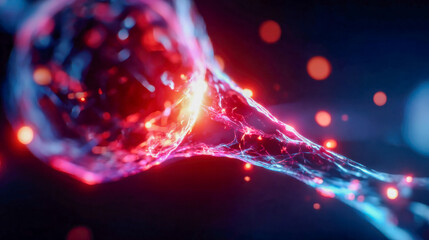 Poster - Abstract visualization of a neuron or synapse glowing with red and blue energy in a dark space