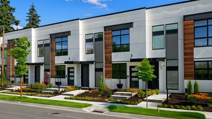 Poster - Explore contemporary townhouses showcasing striking architecture and lush greenery along the sidewalk on a sunny afternoon