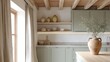 © InteriVio - scandi rustic kitchen full view, soft green closed cabinets, exposed oak ceiling beams, terracotta ceramic vase, linen curtains, hidden light strip