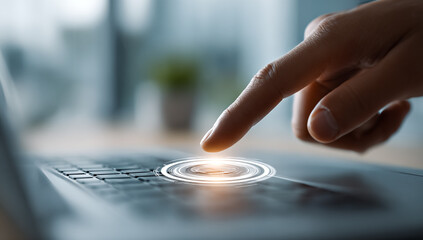Finger presses keyboard button, activating virtual interface. Technology concept for web, marketing, editorial.