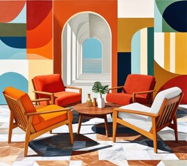 Poster - Colorful interior scene with modern armchairs and an arched doorway