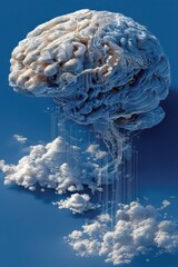 Poster - Abstract Digital Brain Illustration Merging Neural Networks With Cloud-Like Forms