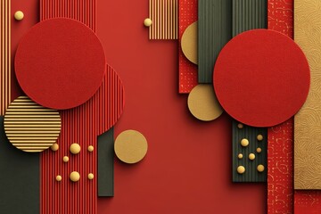 Poster - Abstract arrangement of red and gold textured geometric shapes