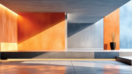 Poster - Modern architectural space with geometric light patterns and warm orange tones